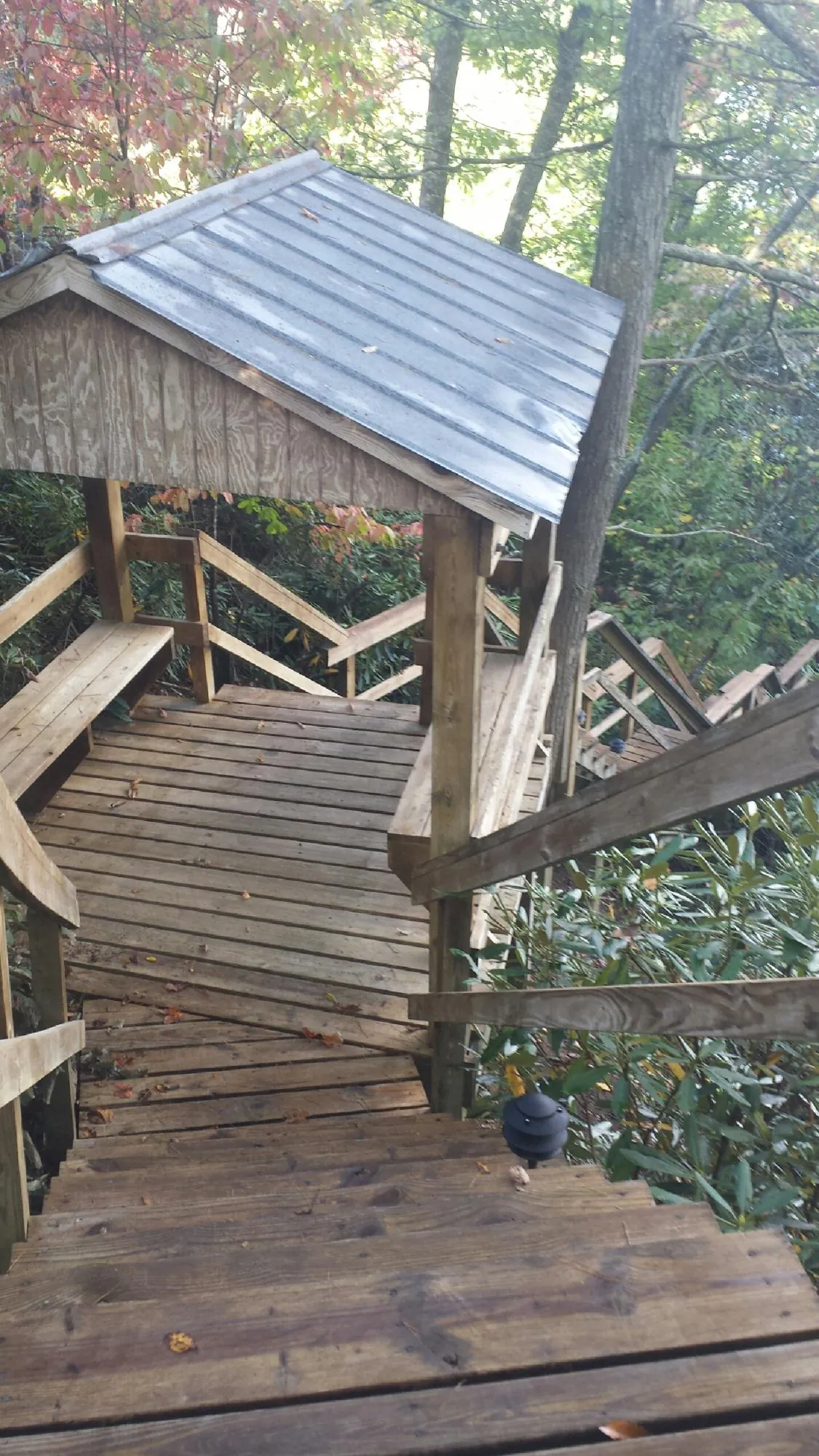Metal roofed shelter over wooden steps on a wooded walkway — Skylight Repair & Installation work by our crew in Ola